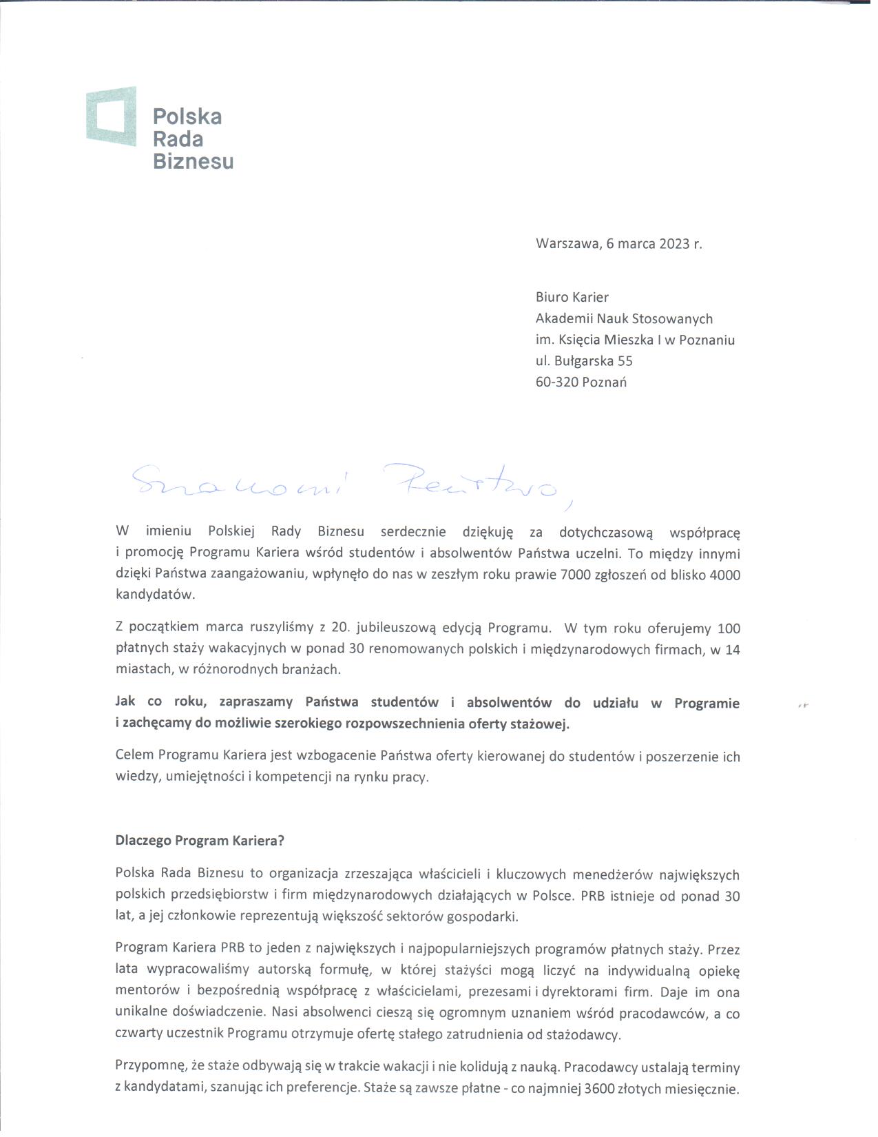 Pismo od Polskiej Rady Biznesu - 1 strona